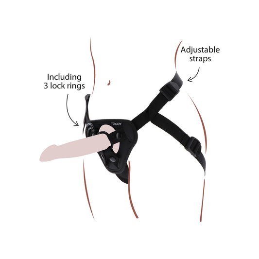 Toy Joy's Get Real strap-on harness, black with adjustable straps. Empowering pleasure, inclusively designed.
