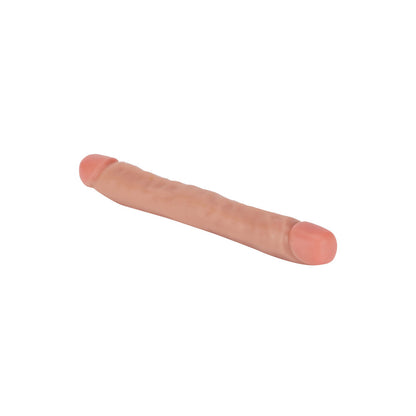 Double-ended dildo for pleasure, skin-toned with a classic shape.