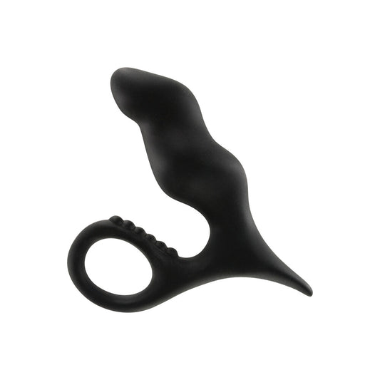 Black prostate massager with finger loop.