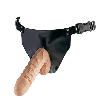 Black strap-on harness with realistic dildo for adventurous play.