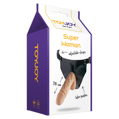 ToyJoy Super Woman Strap On Dildo box with adjustable straps and latex panties.