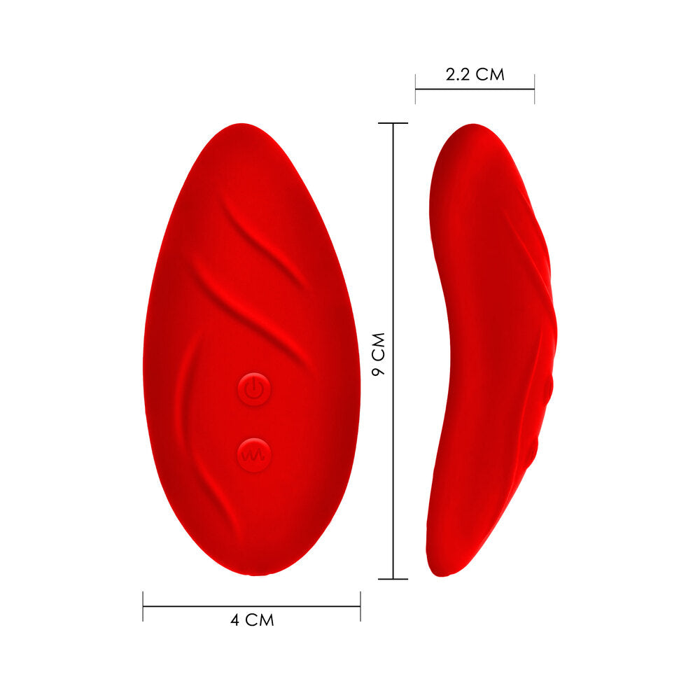 ToyJoy Divine Panty Vibe, red silicone vibrator with dimensions; 9cm long, 4cm wide and 2.2 cm deep.