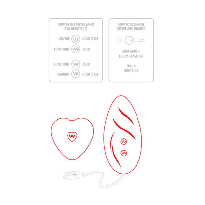 Instructions for ToyJoy's Divine Panty Vibe & remote control, including how to use and recharge.