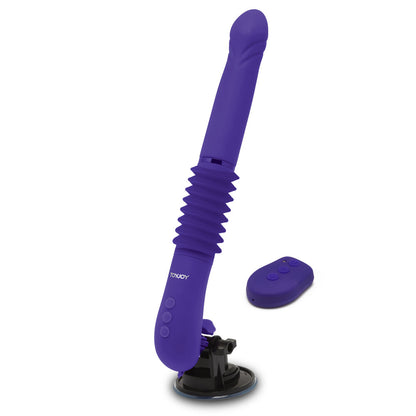 ToyJoy's Magnum Opus Thruster 2 vibrator: a purple dildo with flexible ribs and remote, for hands-free pleasure.