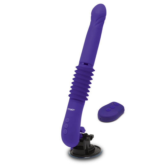 ToyJoy's Magnum Opus Thruster 2 vibrator: a purple dildo with flexible ribs and remote, for hands-free pleasure.