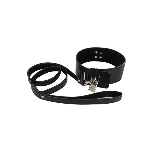 Black faux leather collar with leash and padlock.
