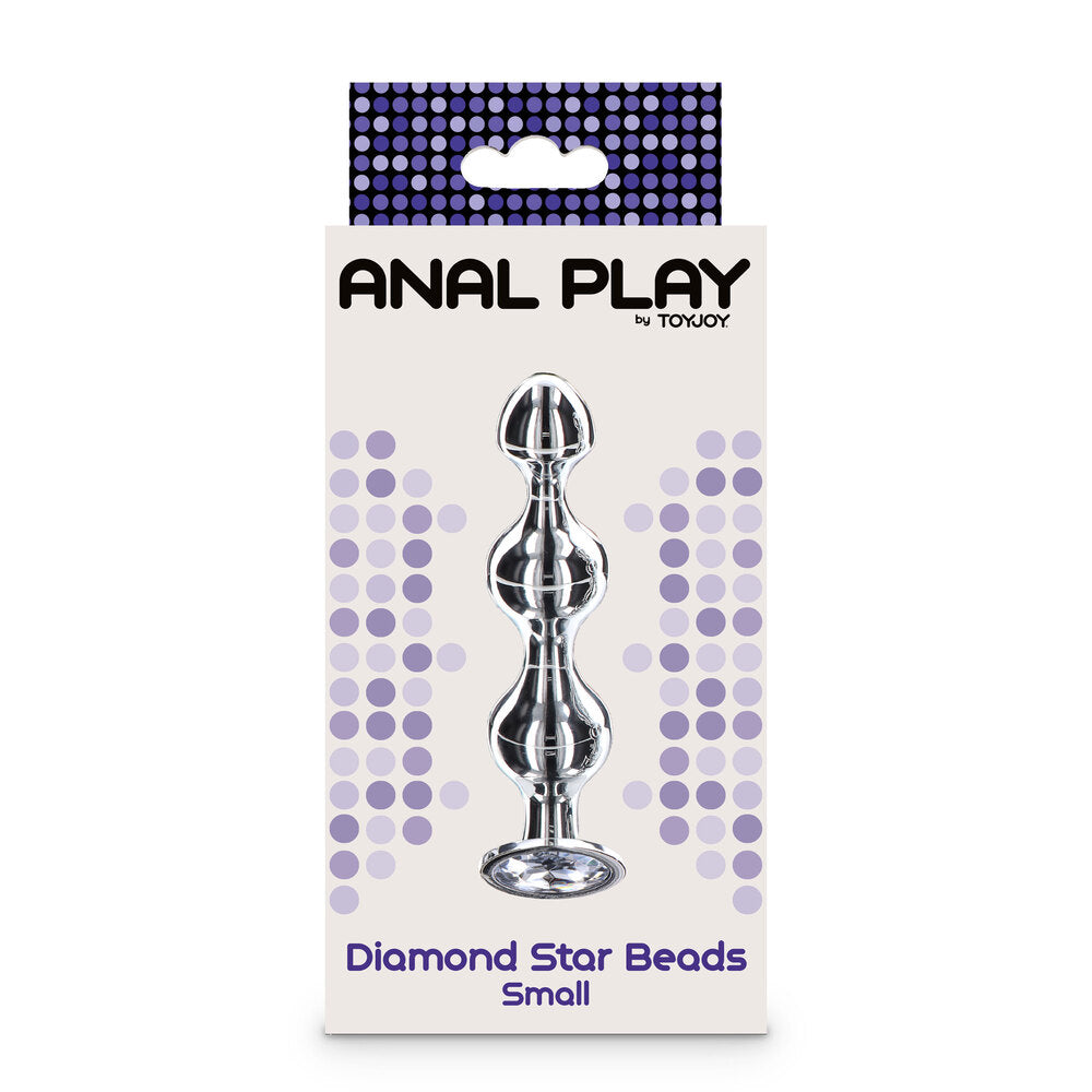 Diamond Star Beads Small anal beads by Toy Joy. Silver, beaded anal toy in packaging.