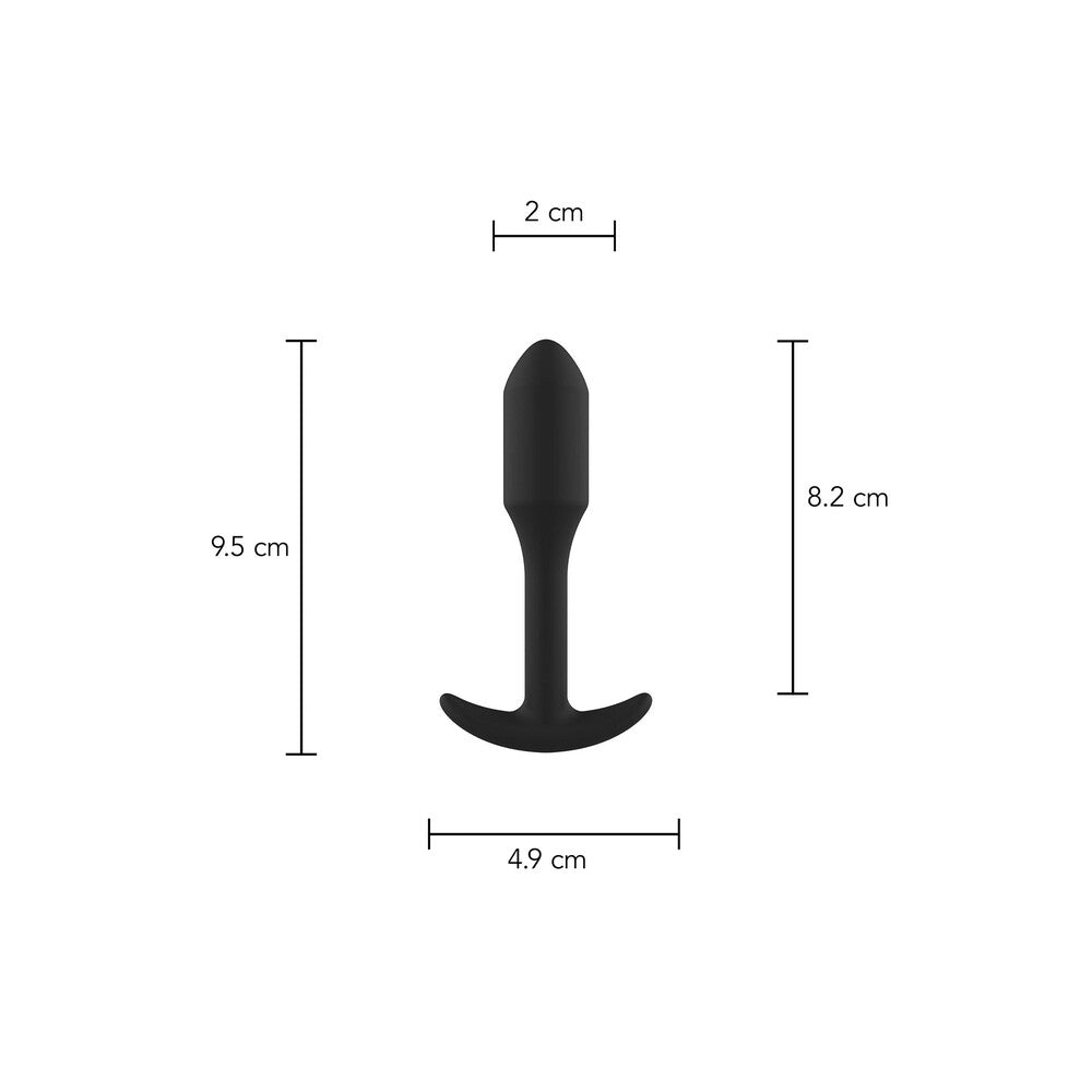 Black anal plug diagram with dimensions.