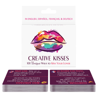 Creative Kisses: a fun-loving card game for couples with 101 ways to kiss, translated into English, Spanish, French and German.
