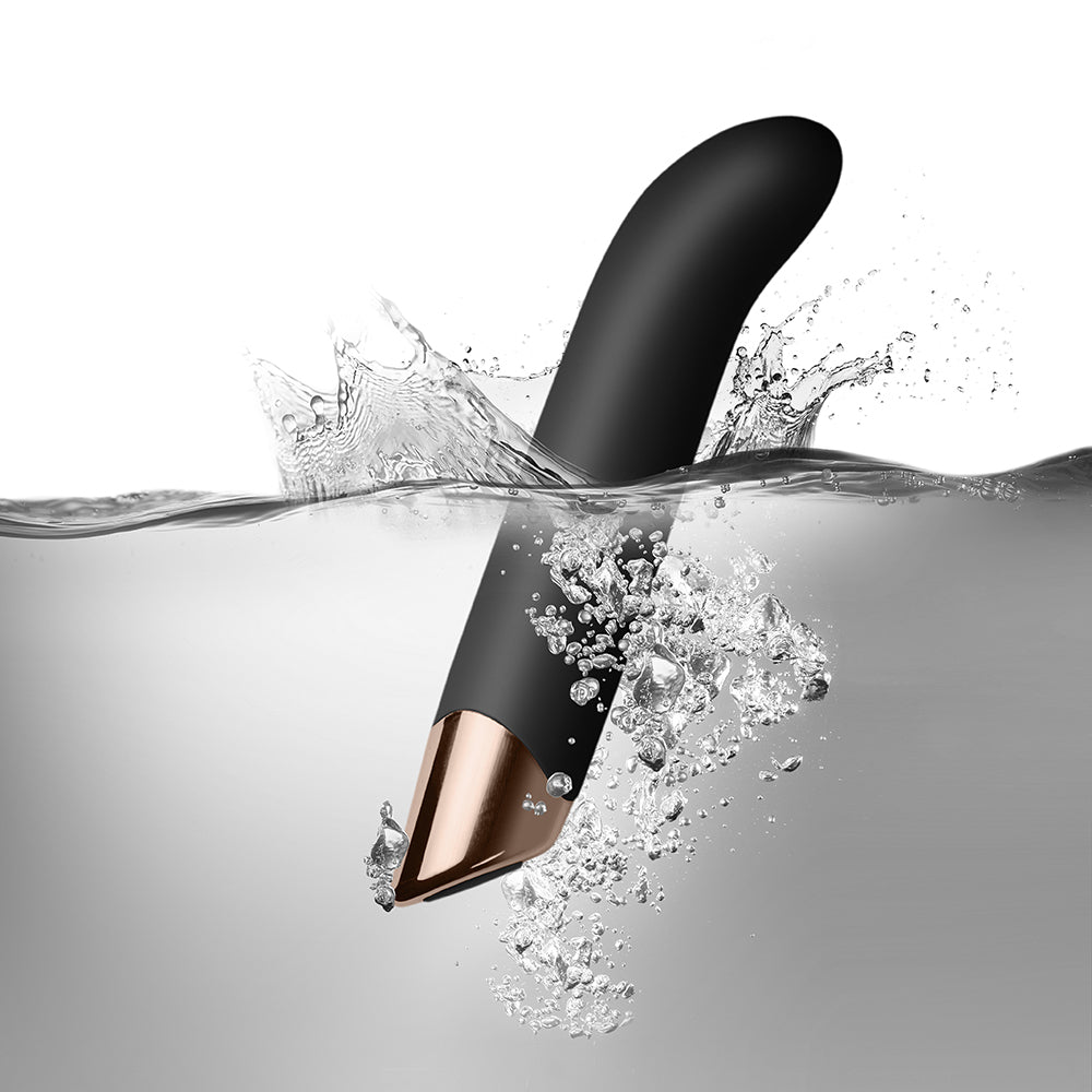 Rocks Off G-Spot vibe: Waterproof, sleek black design with copper accent, surrounded by splash of water.
