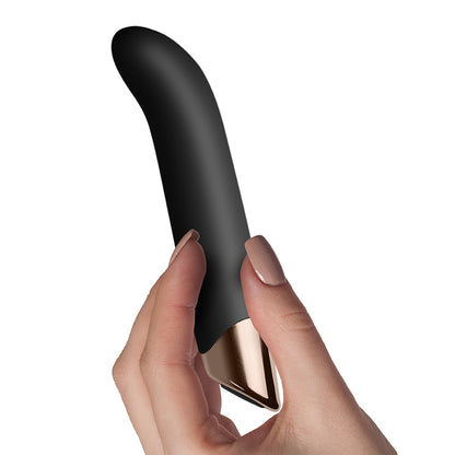Rocks Off Chaiamo G-Spot Vibrator in Black and Rose Gold being held.