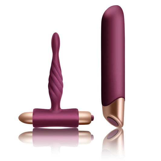 Rocks Off Rapture couples vibrator set in plum and rose gold.