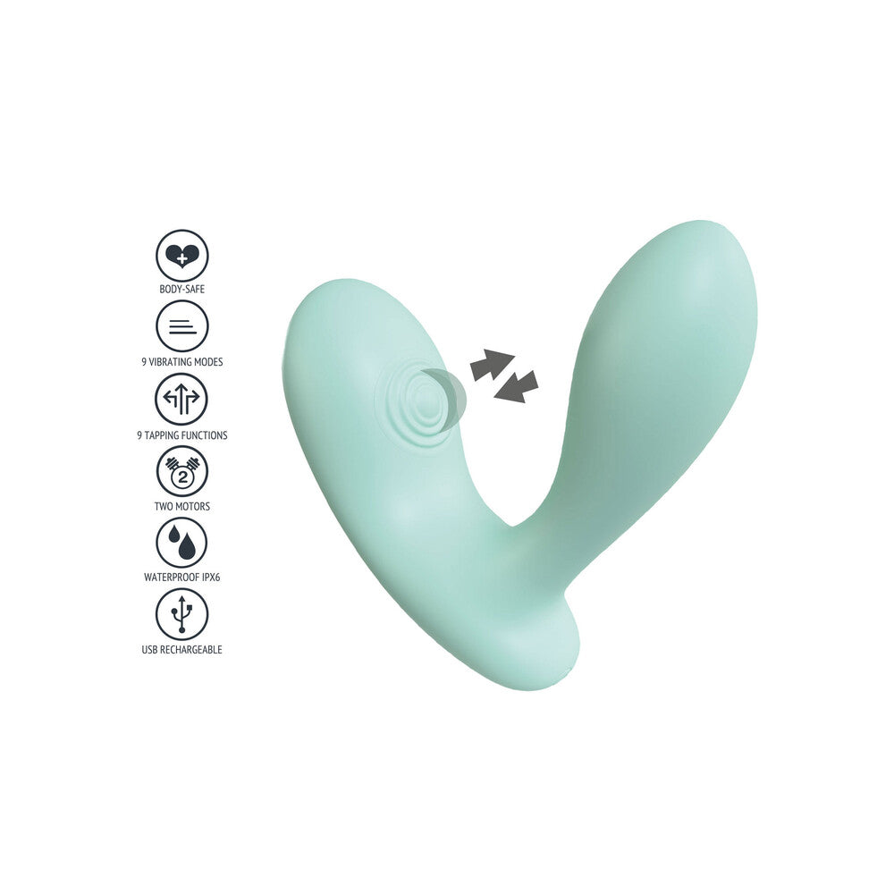 Mint green Xocoon DuoVibe II Tapping Vibrator, boasting dual motors, nine vibration modes and tapping functions. Body-safe, rechargeable and waterproof.