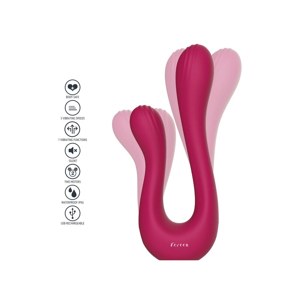 Xocoon Sync Sensation vibrator in berry, showing its flexible, U-shaped design and key features.
