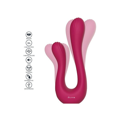 Xocoon Sync Sensation vibrator in berry, showing its flexible, U-shaped design and key features.
