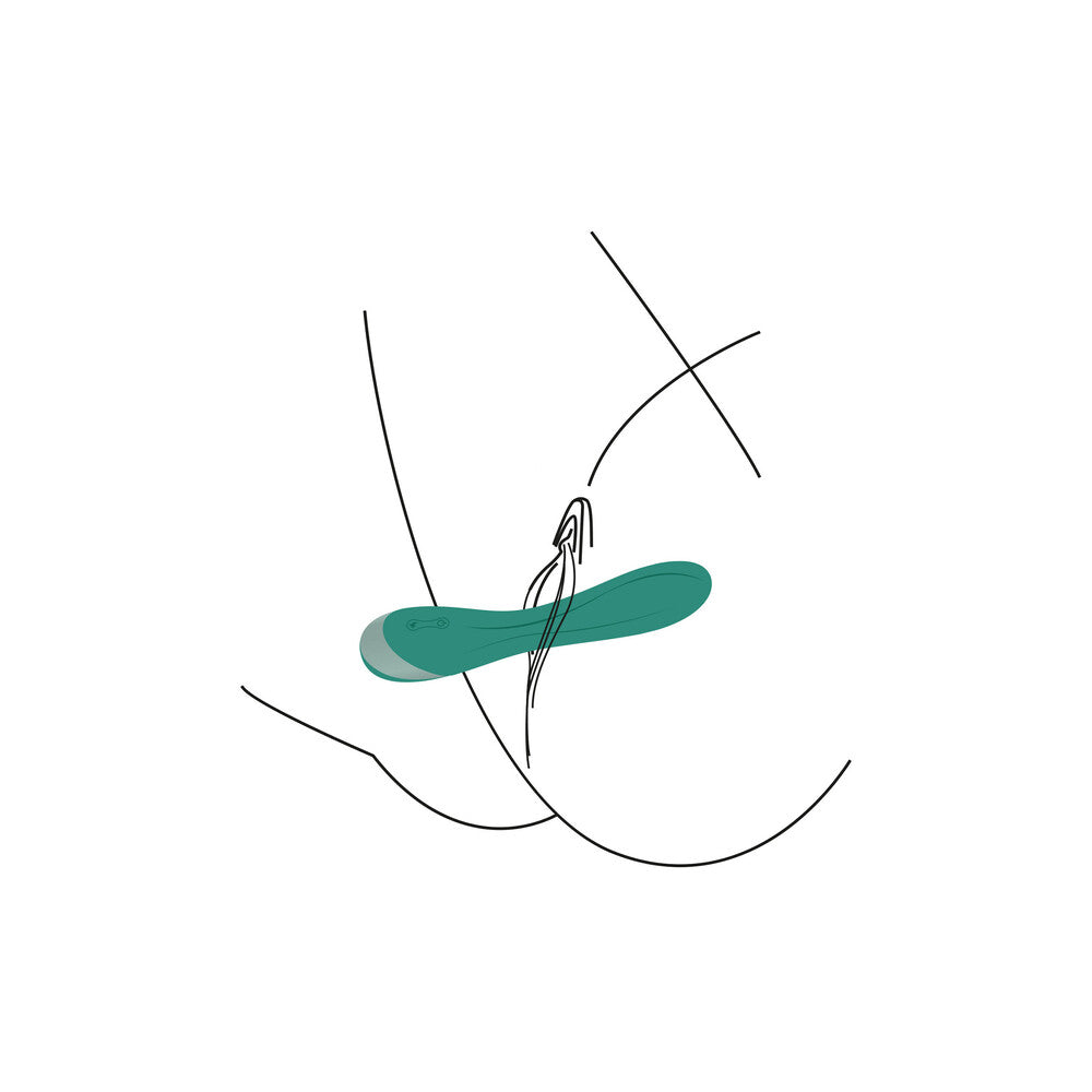 Teal G-spot vibrator with tendrils illustration.