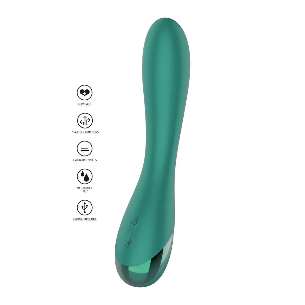 Turquoise Xocoon G-spot vibrator features, pattern, speeds, waterproof, USB rechargeable.
