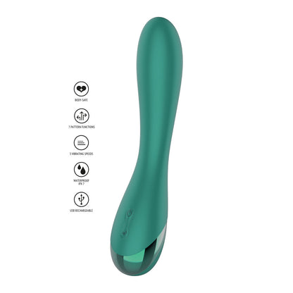 Turquoise Xocoon G-spot vibrator features, pattern, speeds, waterproof, USB rechargeable.