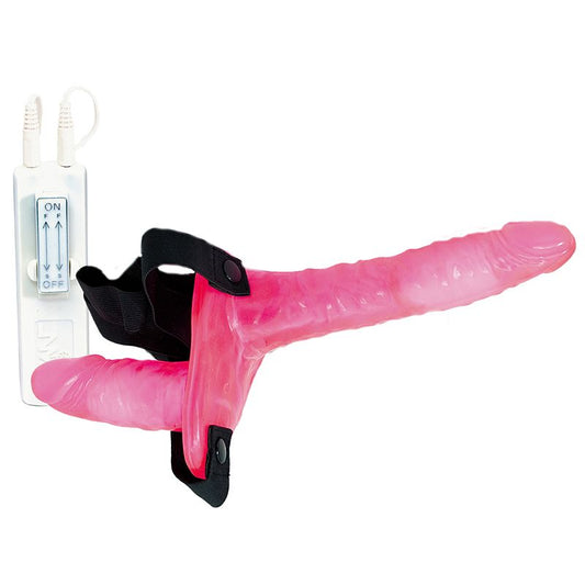 Pink vibrating double dildo strap-on with controller; unleash your adventurous side!