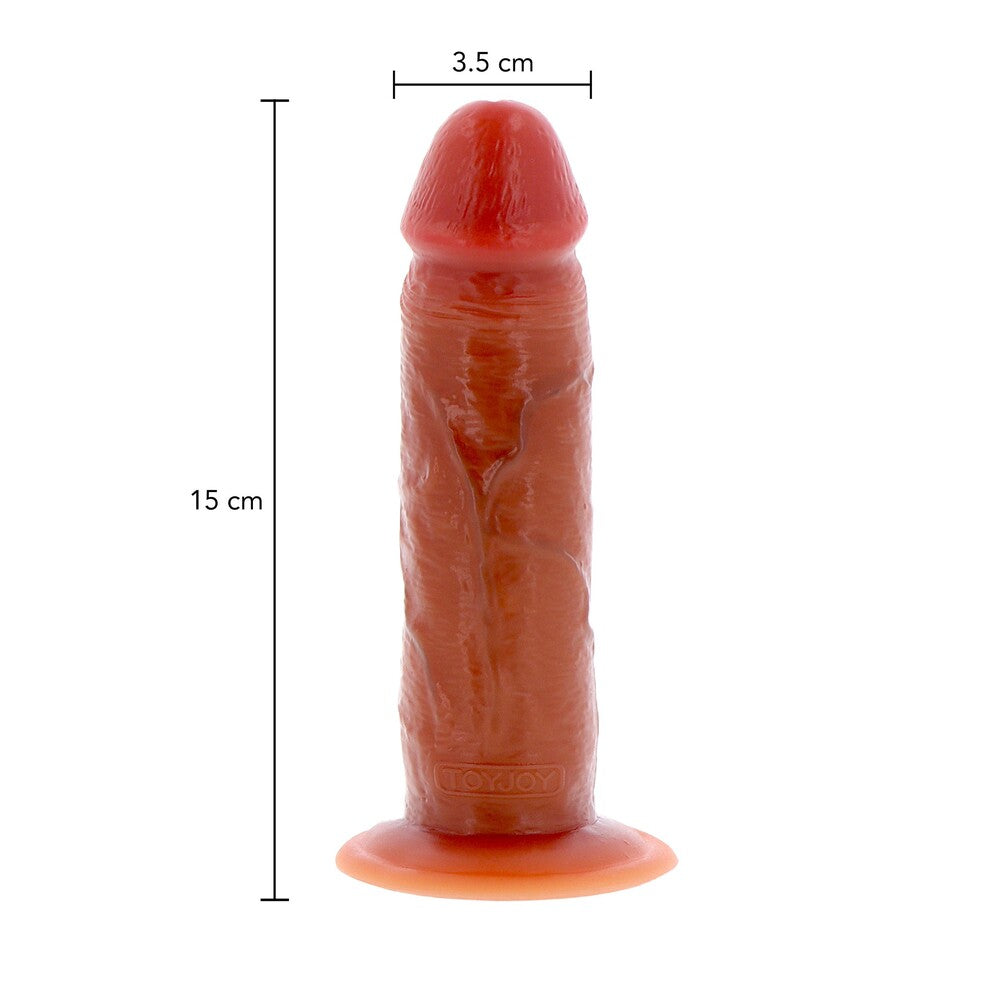 Realistic textured dildo with dimensions displayed.
