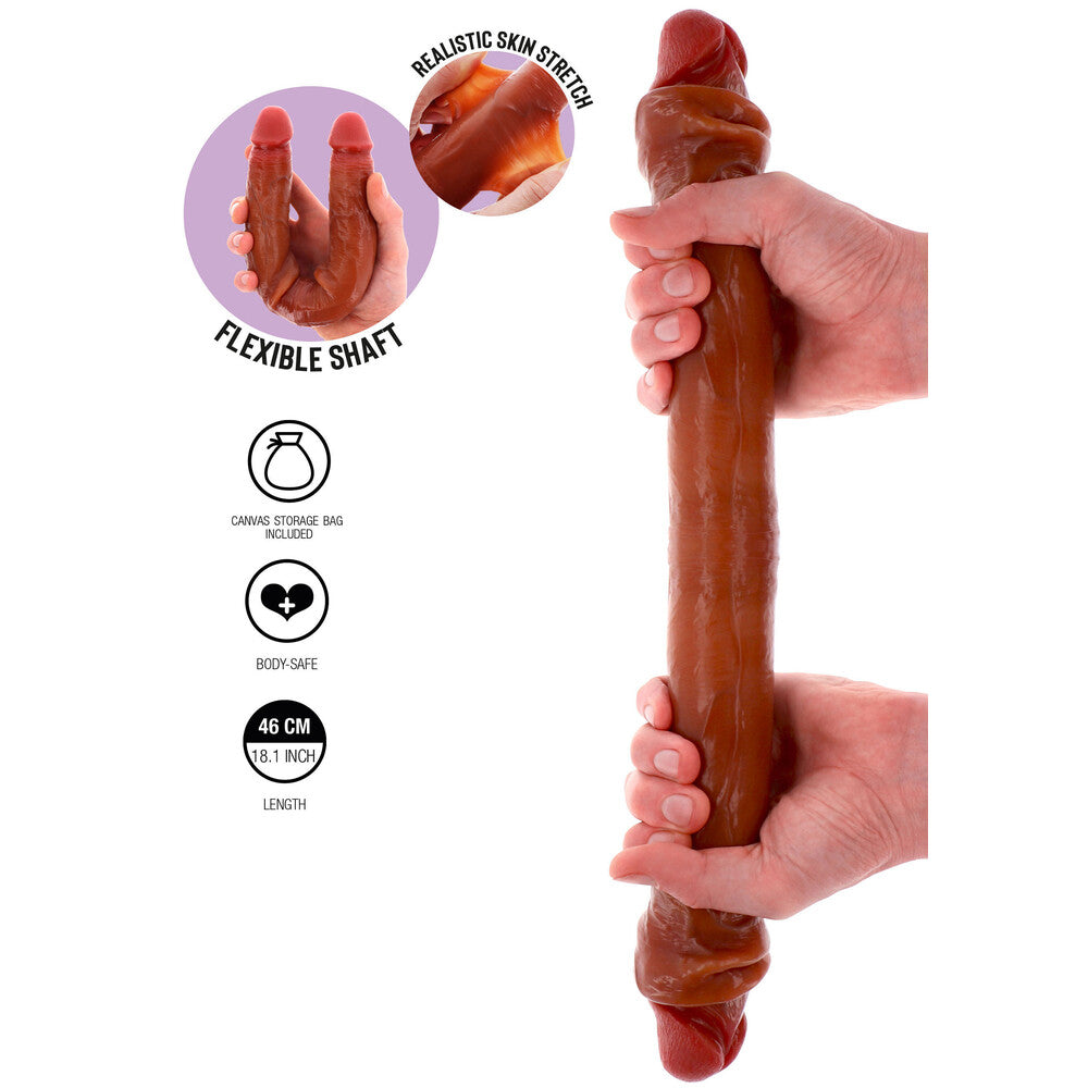 ToyJoy's 18-inch silicone double dong with foreskin. Flexible shaft, realistic stretch, and body-safe materials. Includes canvas storage bag.