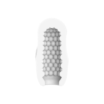 White cutaway view of a male masturbator sleeve with spherical textures.