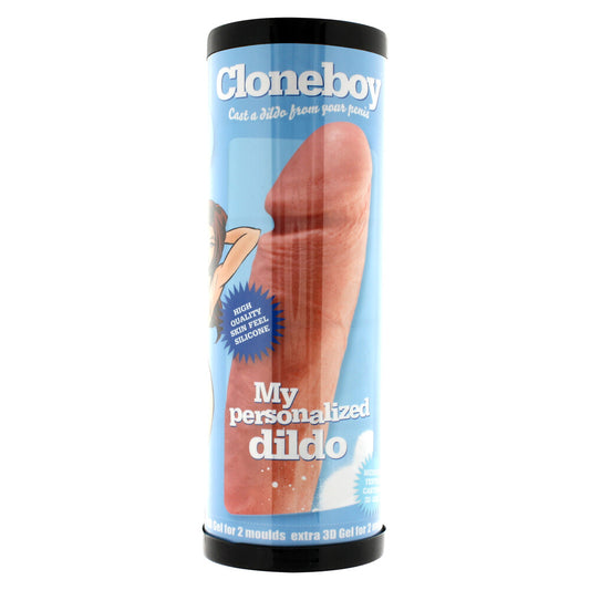 Cloneboy custom flesh-pink dildo kit, packaged in a cylindrical container with a cheeky design.