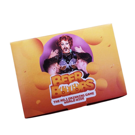 Cheeky 'Beer Boobs' drinking game box. Party fun featuring saucy humour with two blokes supping from beer-filled glass 'boobs'. 
