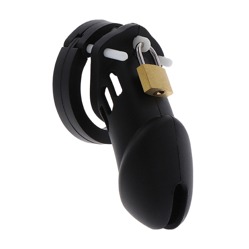 Black silicone chastity cage with gold padlock.