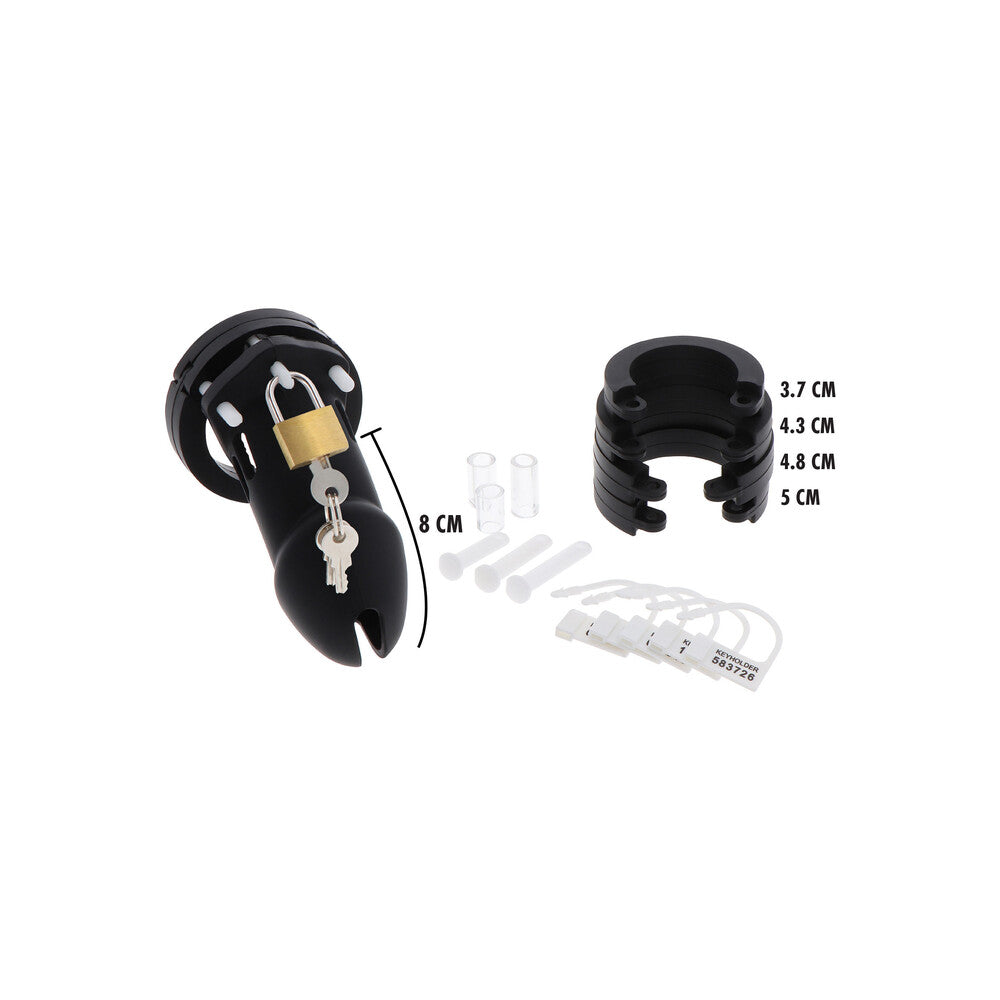 Black silicone chastity cage with padlock and sizing accessories.