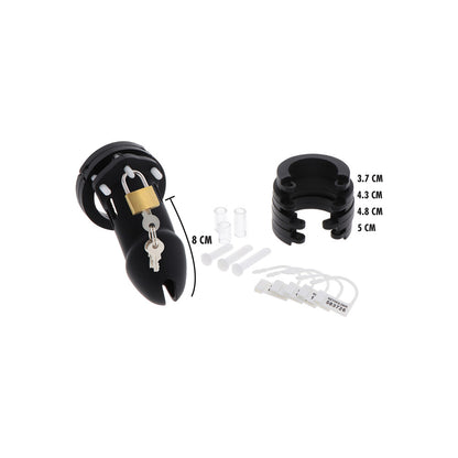 Black silicone chastity cage with padlock and sizing accessories.