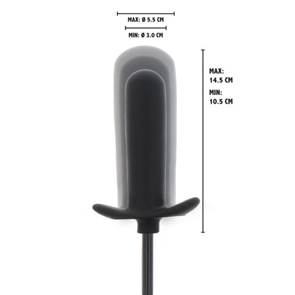 Inflatable anal plug with dimensions displayed.