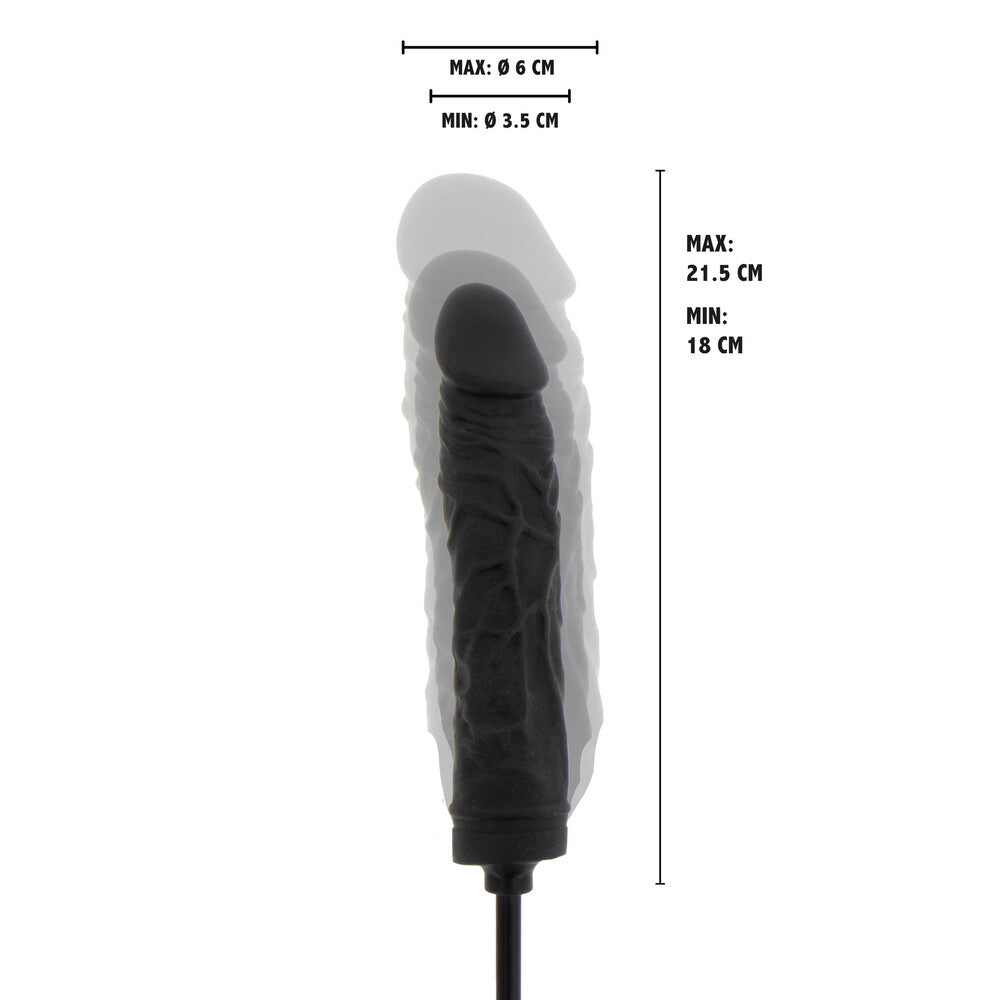 Black inflatable dong showing measurements.