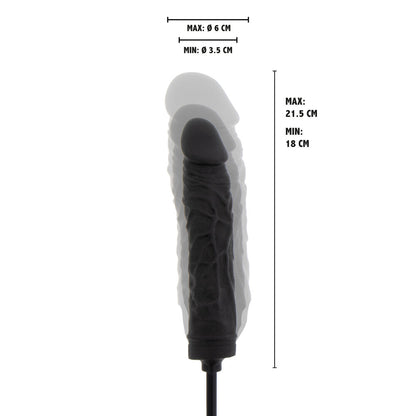 Black inflatable dong showing measurements.