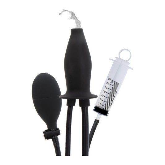 Black anal plug with balloon pump and syringe.