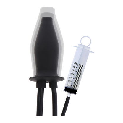 Black lubricating plug with a clear reservoir and syringe.