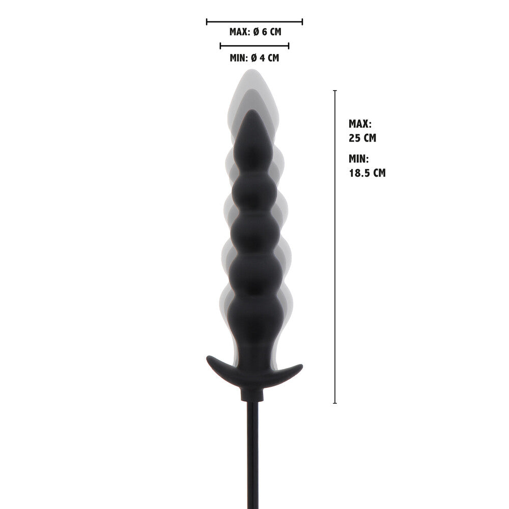 Black, ribbed inflatable plug with dimensions.