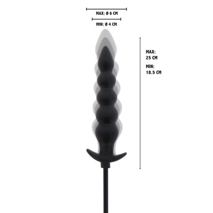 Black, ribbed inflatable plug with dimensions.