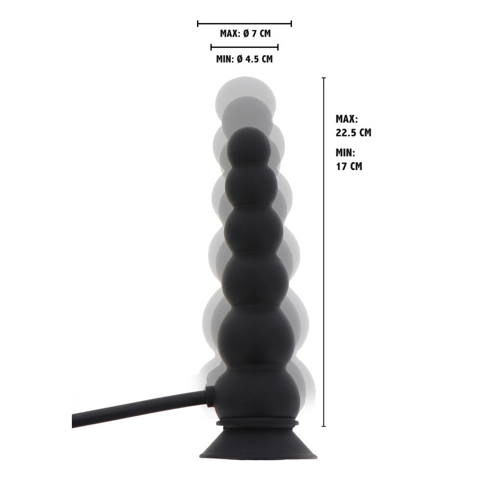 Inflatable beaded butt plug with suction base and sizing information.