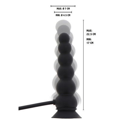 Inflatable beaded butt plug with suction base and sizing information.