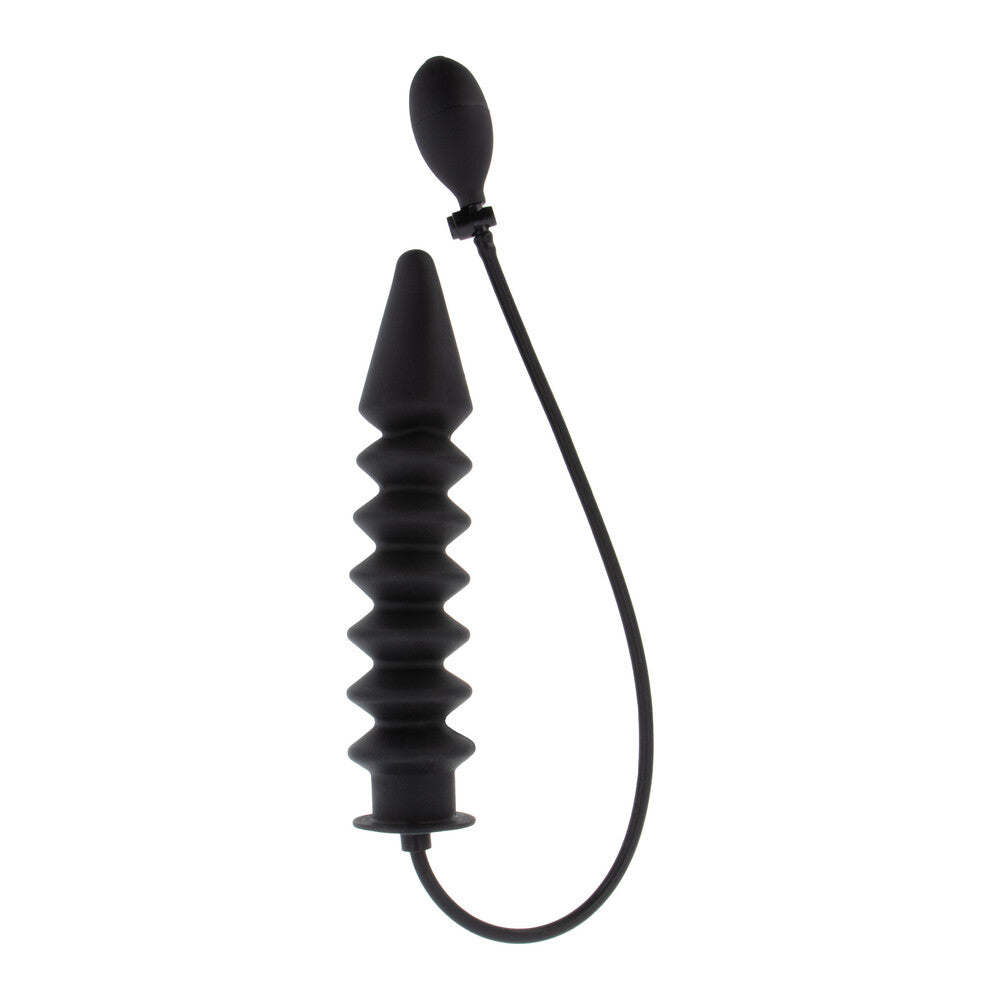 Black, ribbed inflatable plug for adventurous explorations.