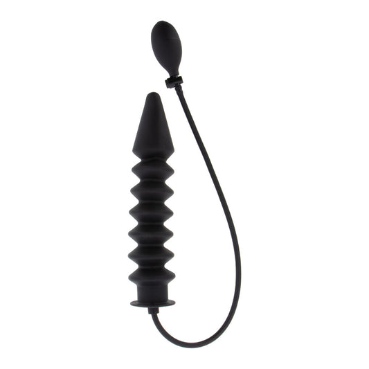 Black, ribbed inflatable plug for adventurous explorations.