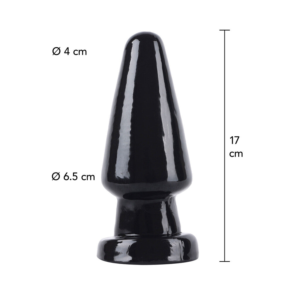 Black cone head butt plug with measurements.