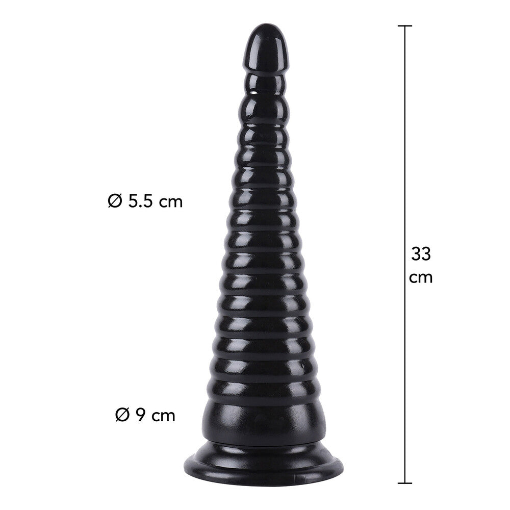 Black anal cone toy with graduated ridges and dimension markers.