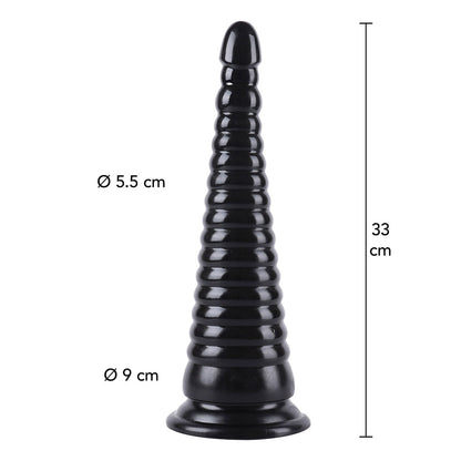 Black anal cone toy with graduated ridges and dimension markers.