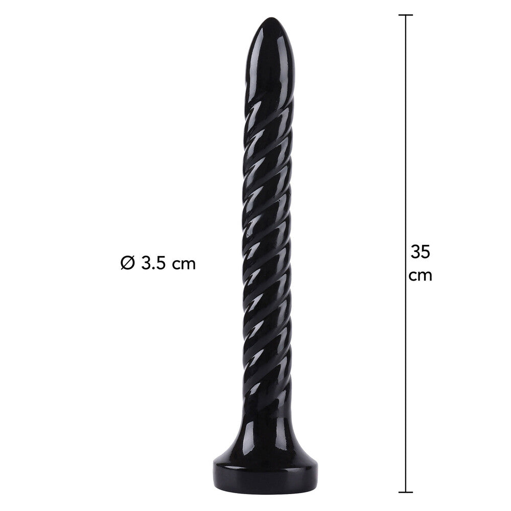 Black, ribbed anal serpent with measurements.