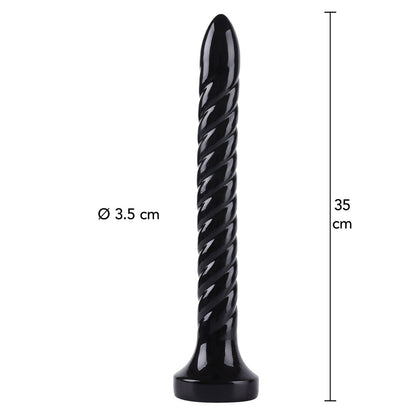 Black, ribbed anal serpent with measurements.