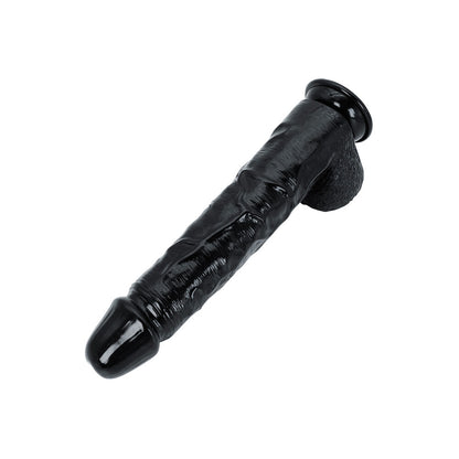 Black, textured, 15-inch dong for daring desires.