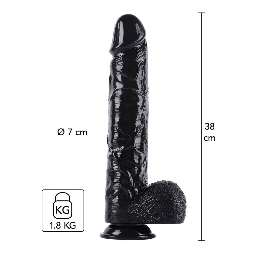 Black, textured pleasure product with measurements.