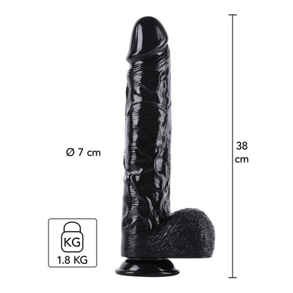 Black, textured pleasure product with measurements.